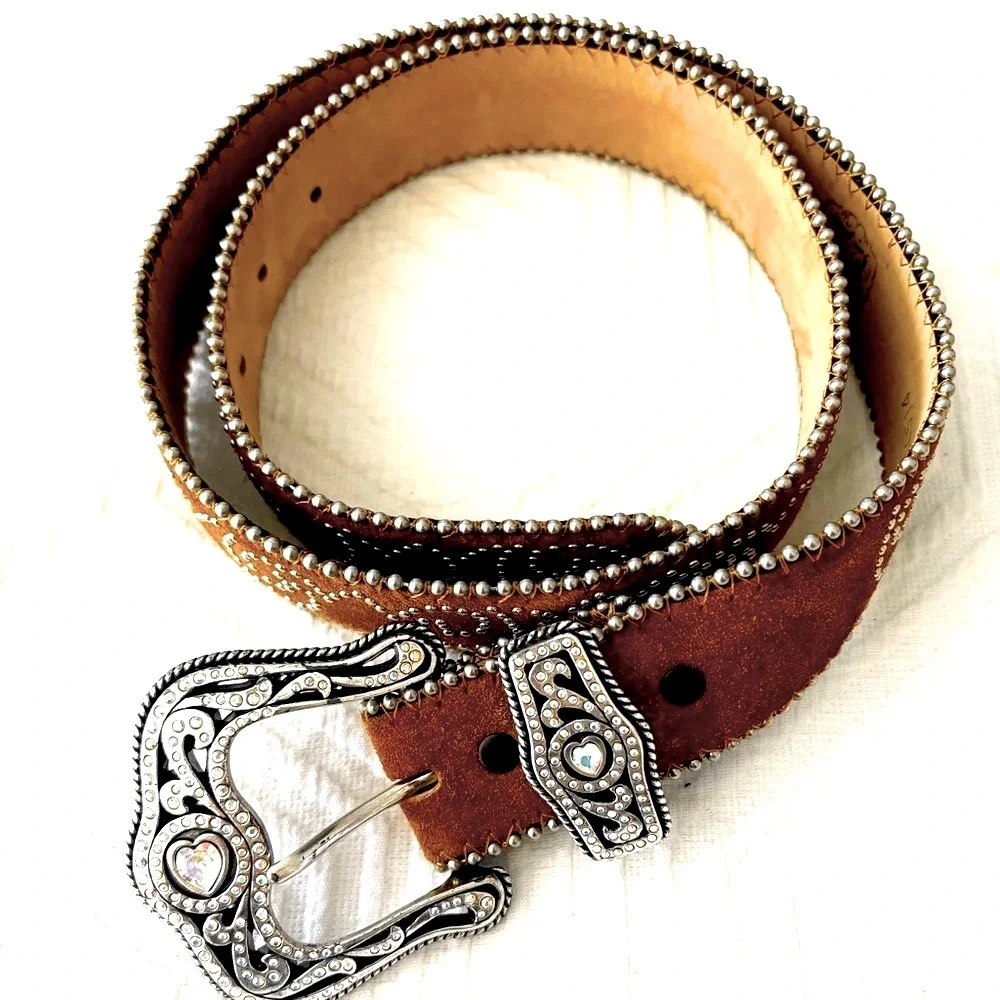 Tony Lama Brown Suede Belt 34 Crystal Heart Buckle Studded Western Cowgirl Y2K